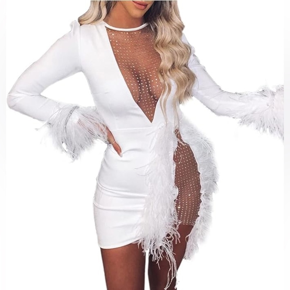 Fashion Nova White Feather-Trim Plunge Mini Dress